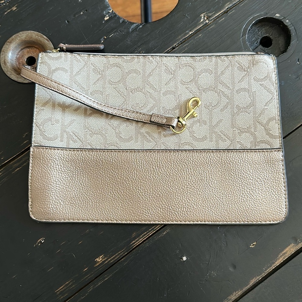 Calvin Klein Signature Jacquard and Pebbled Leather Pouch/Wristlet